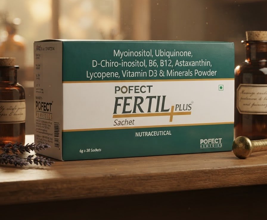 Pofect Fertil Plus sachet box on a wellness-themed table